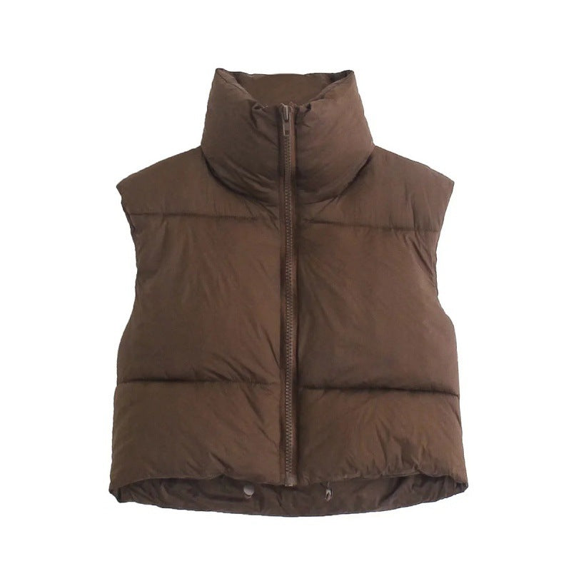 Women's short quilted vest with high stand-up collar, padded thermal filling, and adjustable drawstring hem Mune Fashion