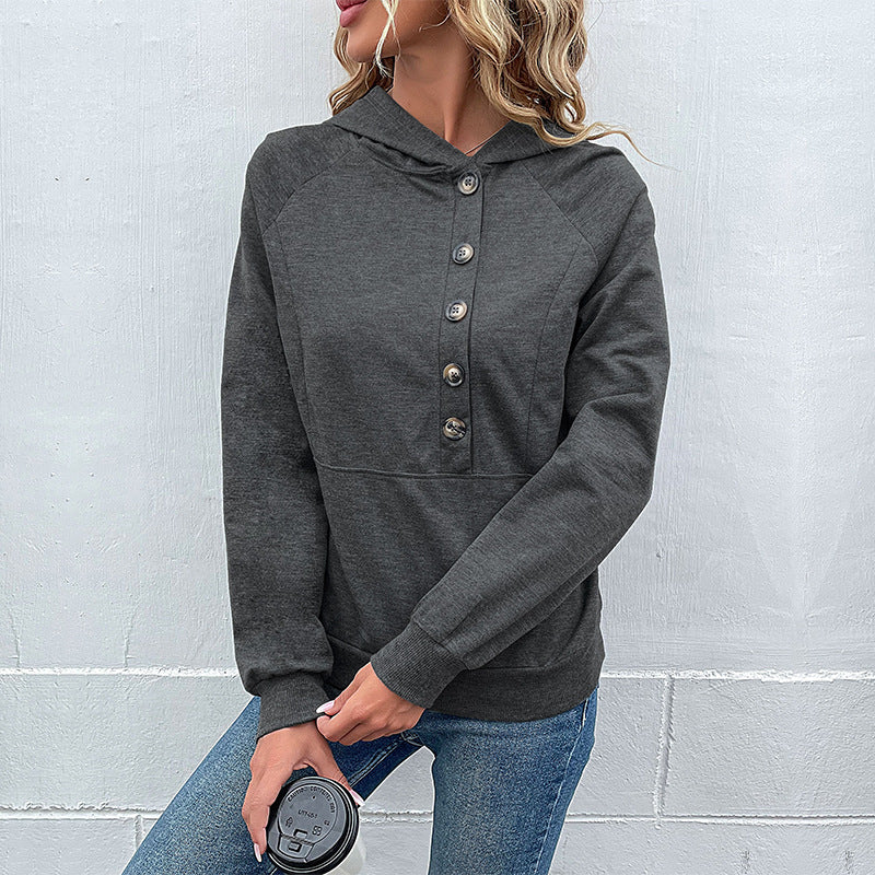 Women's hoodie with decorative button placket, raglan sleeves, and kangaroo pocket Mune Fashion