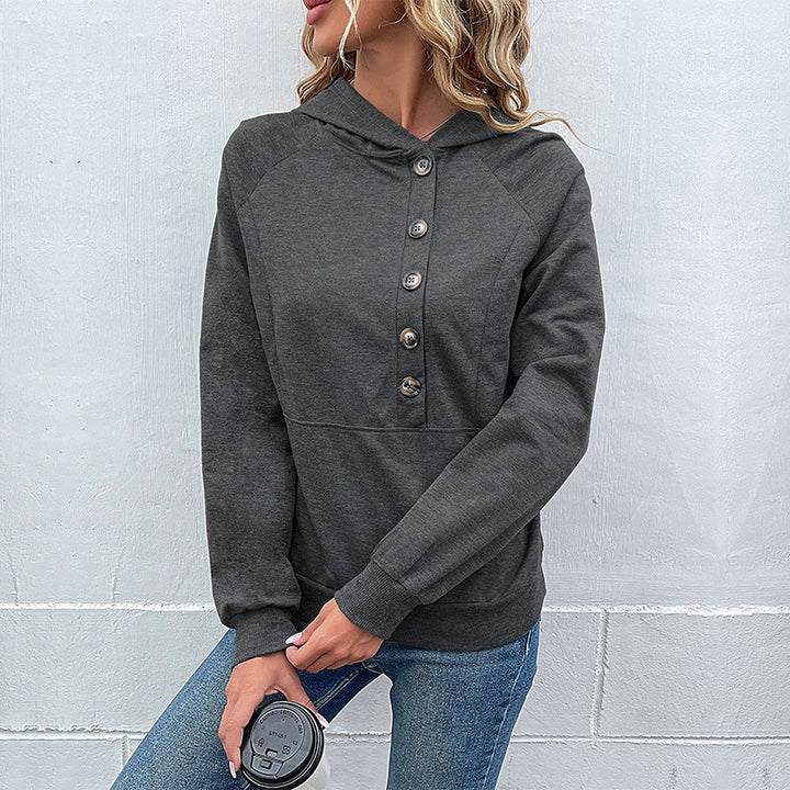 Women's hoodie with decorative button placket, raglan sleeves, and kangaroo pocket Mune Fashion