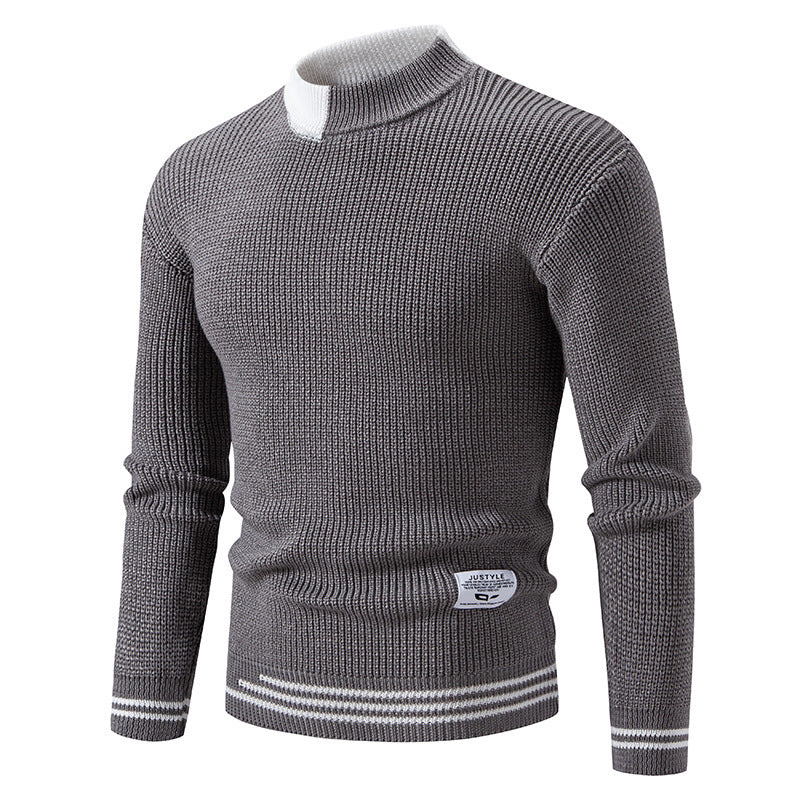 Men's fine ribbed knitted pullover with stand-up collar and contrast block design Mune Fashion