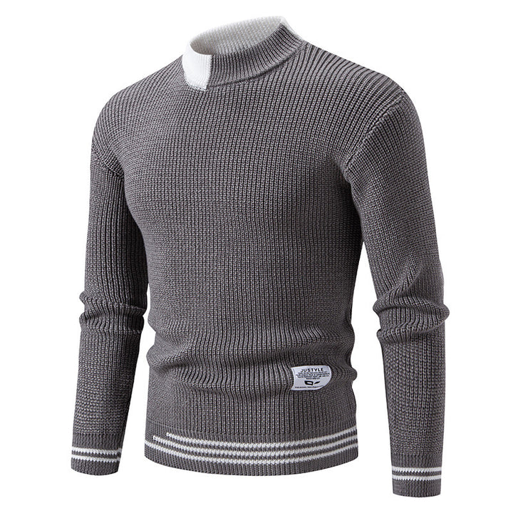 Men's fine ribbed knitted pullover with stand-up collar and contrast block design Mune Fashion