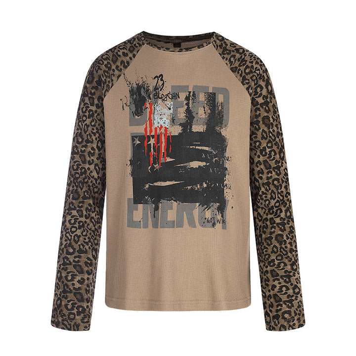 Women's raglan long sleeve shirt with leopard print sleeves and abstract graphic print Mune Fashion