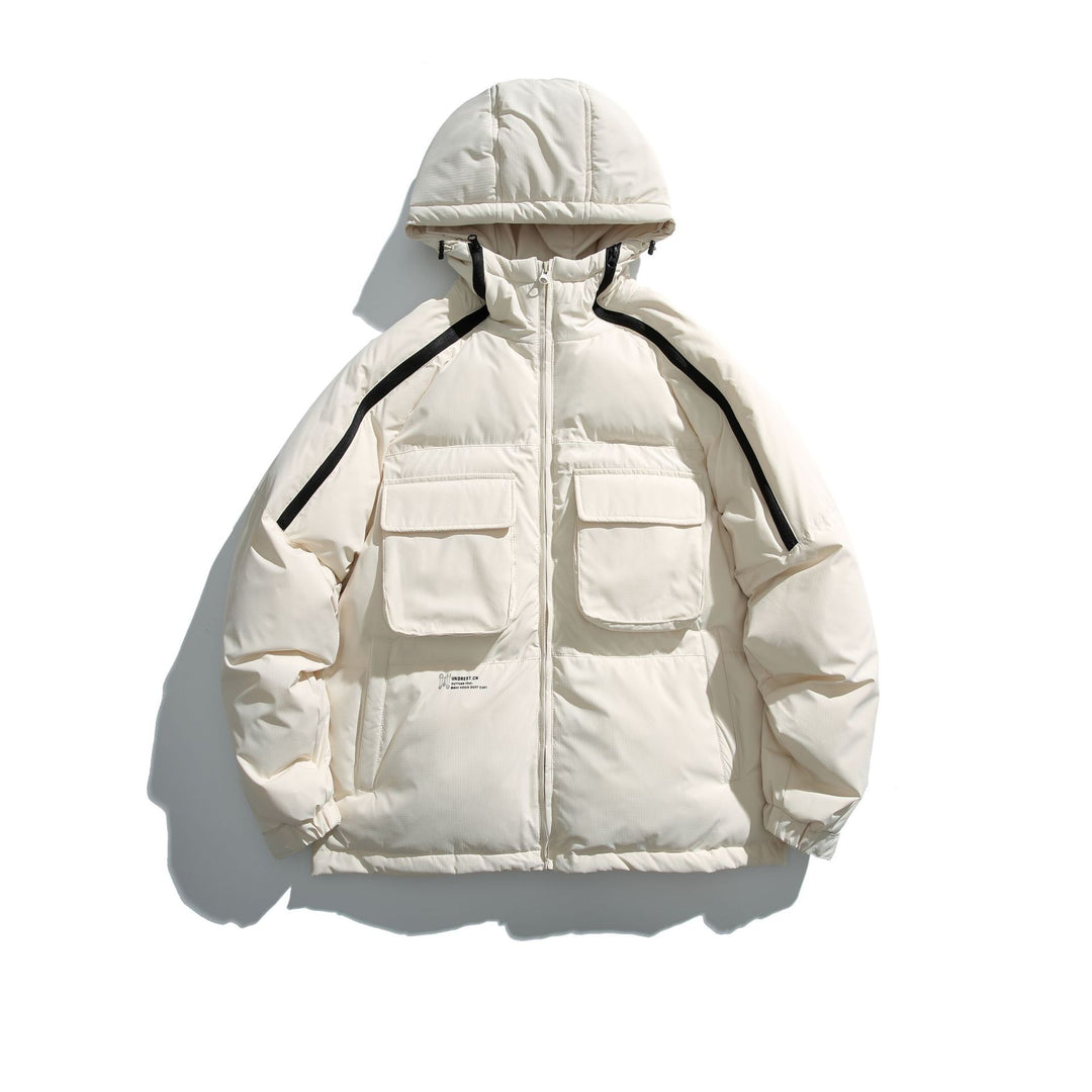 Unisex Short Cut Boxy Puffer with Hood, Contrast Stripes and Large Flap Pockets Mune Fashion