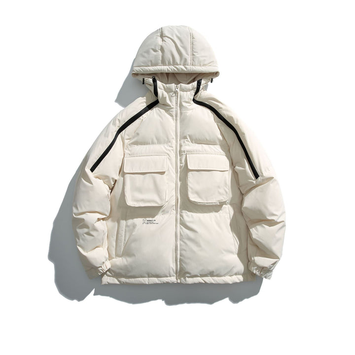 Unisex Short Cut Boxy Puffer with Hood, Contrast Stripes and Large Flap Pockets Mune Fashion