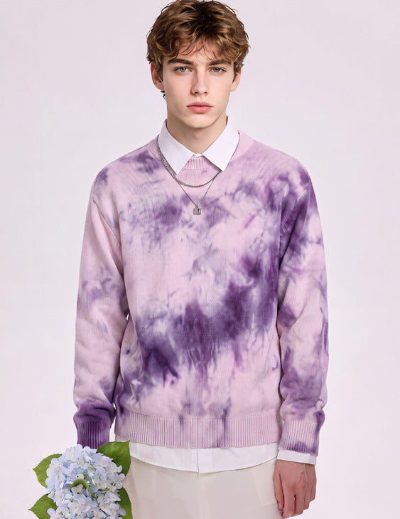 Men's Oversized Knit Sweater with Tie-Dye Look, Round Neck and Ribbed Cuffs Mune Fashion