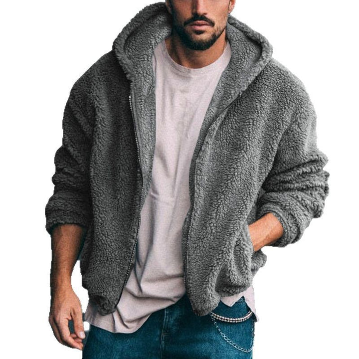 Men's Oversized Teddy-Fleece Hooded Jacket with Utility Arm Pocket, Front Zipper and Elastic Hem Mune Fashion
