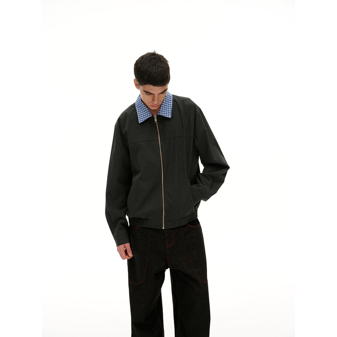 Unisex Short Cut Pinstripe Blouson Jacket with Contrasting Shirt Collar and Full Zipper Mune Fashion