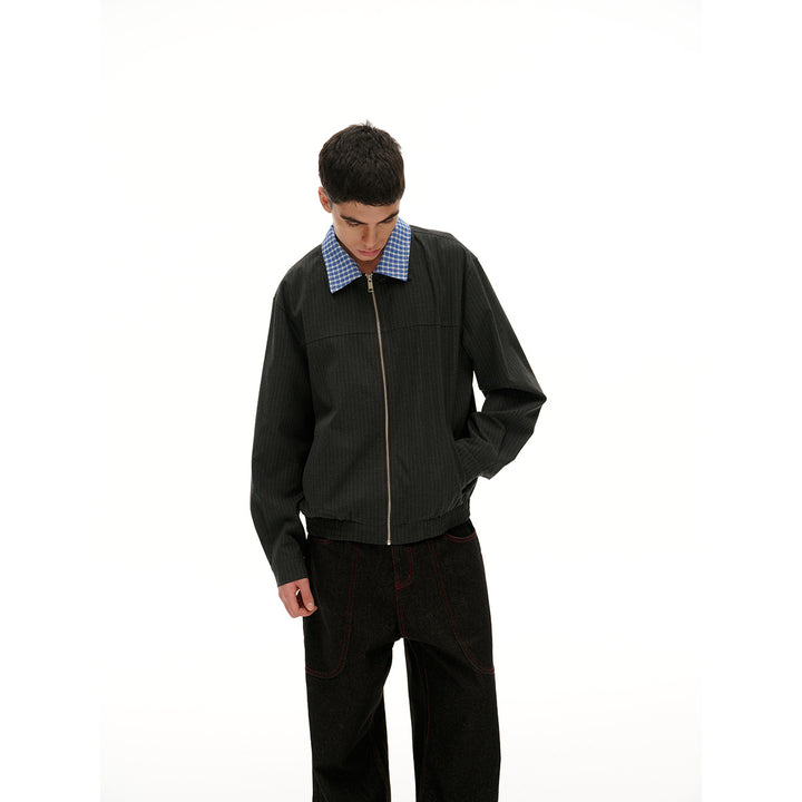 Unisex Short Cut Pinstripe Blouson Jacket with Contrasting Shirt Collar and Full Zipper Mune Fashion