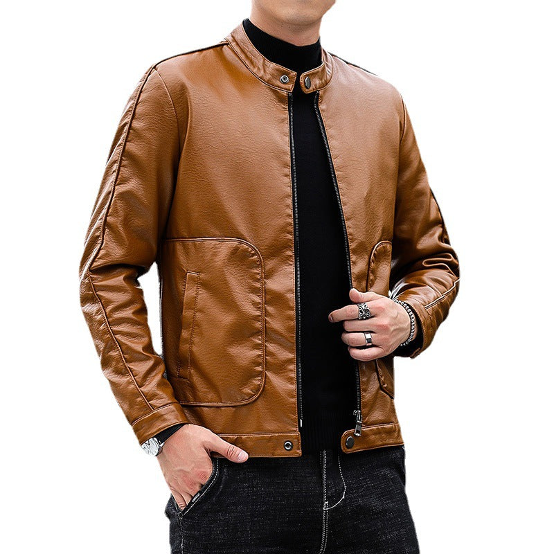 Men's Faux Leather Blouson with Stand Collar, Zipper and Patch Pockets Mune Fashion