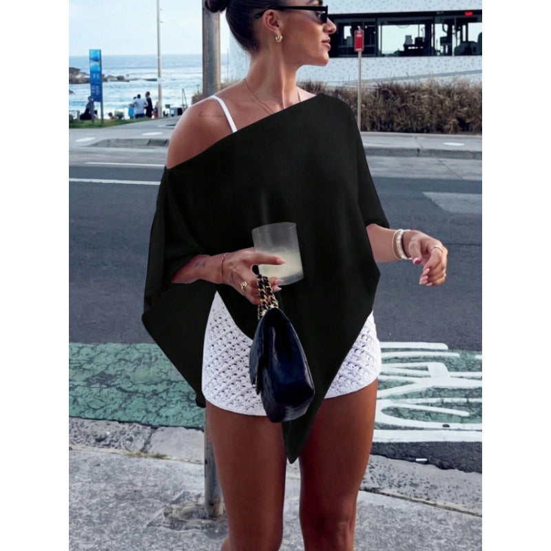 Women's Asymmetric Off-Shoulder Poncho Top made of lightweight knit Drune