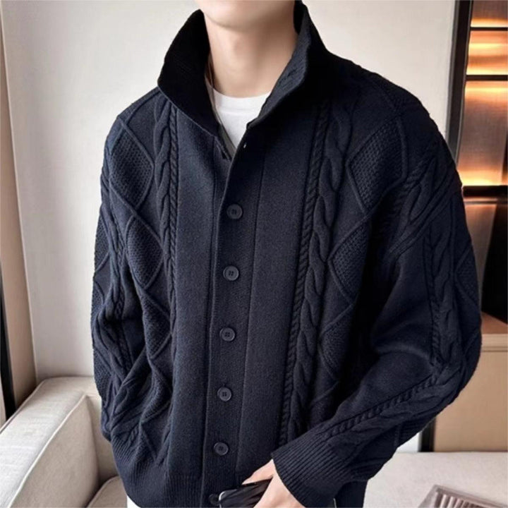 Men's Loose Knit Cardigan with High Stand-up Collar and Cable Pattern Mune Fashion