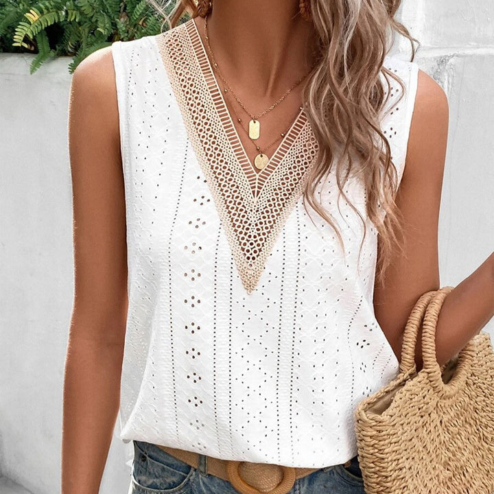 Women's sleeveless embroidery top with V-neck and crocheted lace trim Mune Fashion