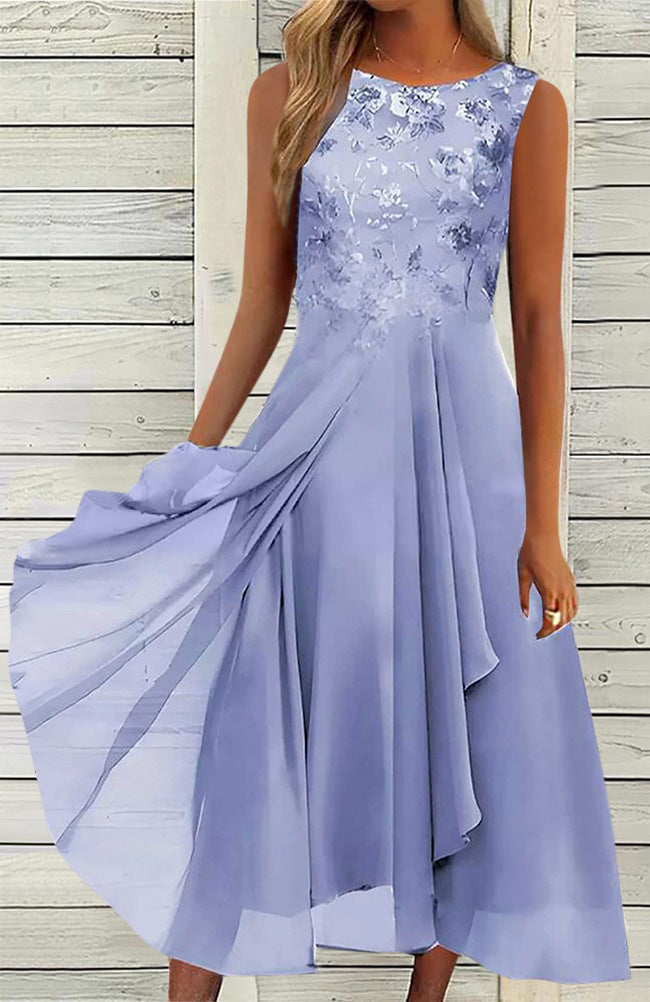 Women’s sleeveless chiffon midi dress with embroidered bodice and asymmetric layered skirt Mune Fashion