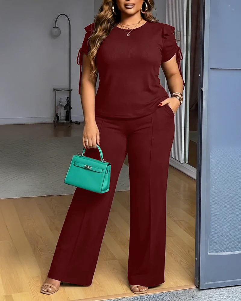 Women Two-Piece Jersey Set with Tailored Wide Leg Pants and Short Sleeve Knot Top Drune