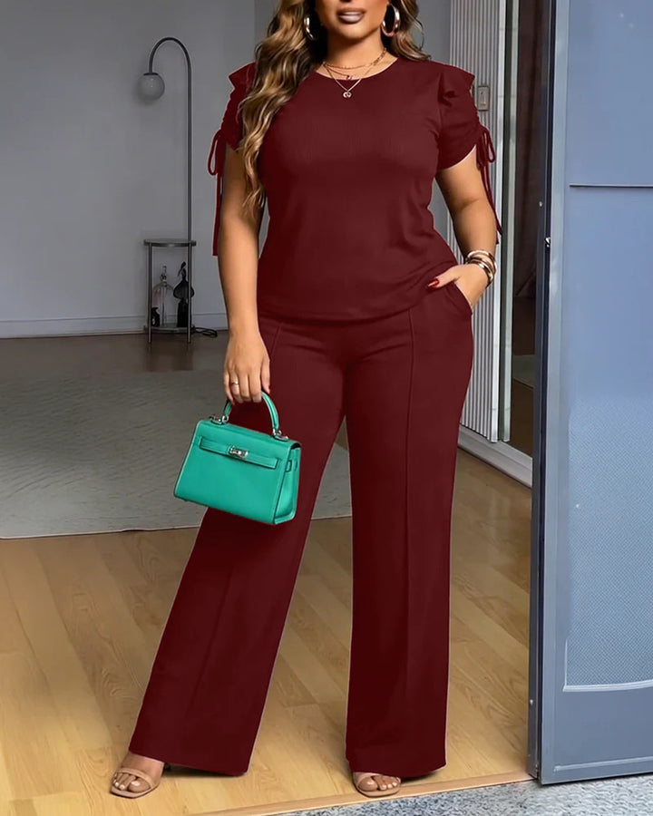 Women Two-Piece Jersey Set with Tailored Wide Leg Pants and Short Sleeve Knot Top Drune