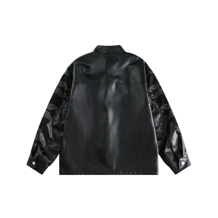 Unisex faux leather bomber jacket with paisley sleeves and toggle closures Mune Fashion