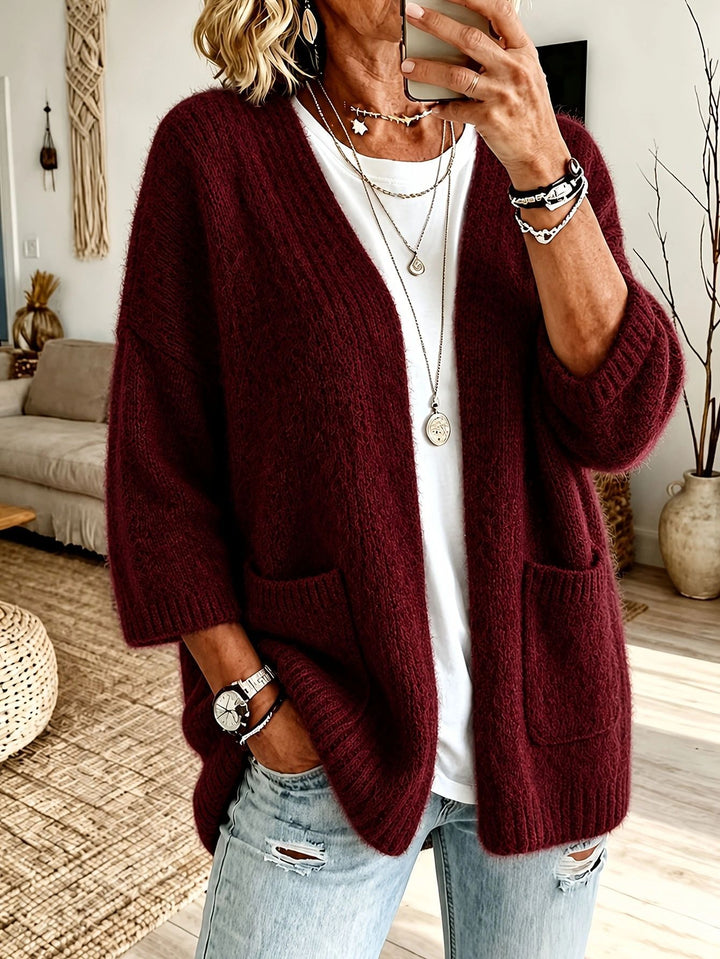 Women's Open Long Cardigan in Mohair Look with Patch Pockets and Dropped Shoulder Mune Fashion