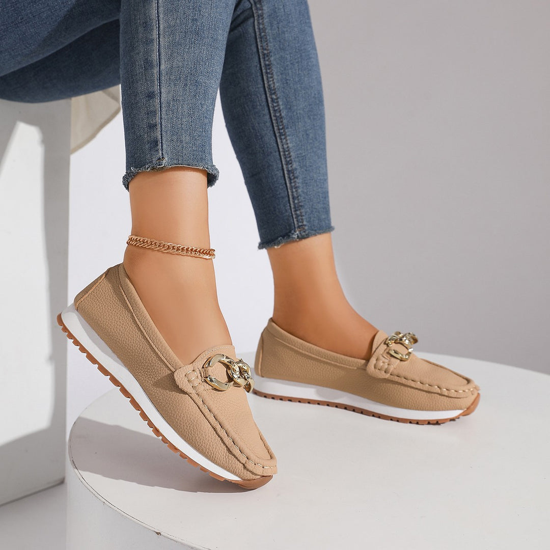 Women's Fashion Moccasin Slippers with Golden Chain and Profilated Rubber Sole Mune Fashion