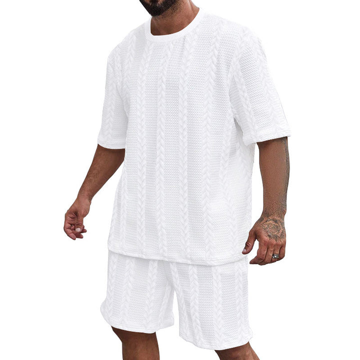 Men's relaxed braid-knit leisure set with wide short-sleeve shirt and elastic Bermuda Mune Fashion