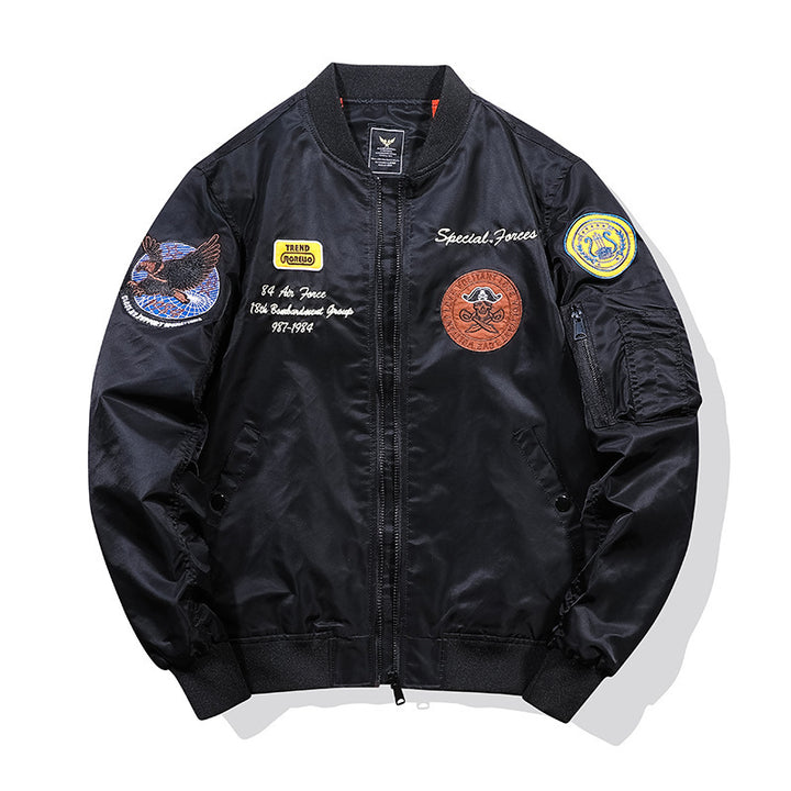 Men's pilot blouson with military patches, arm pocket, and windproof nylon look Mune Fashion