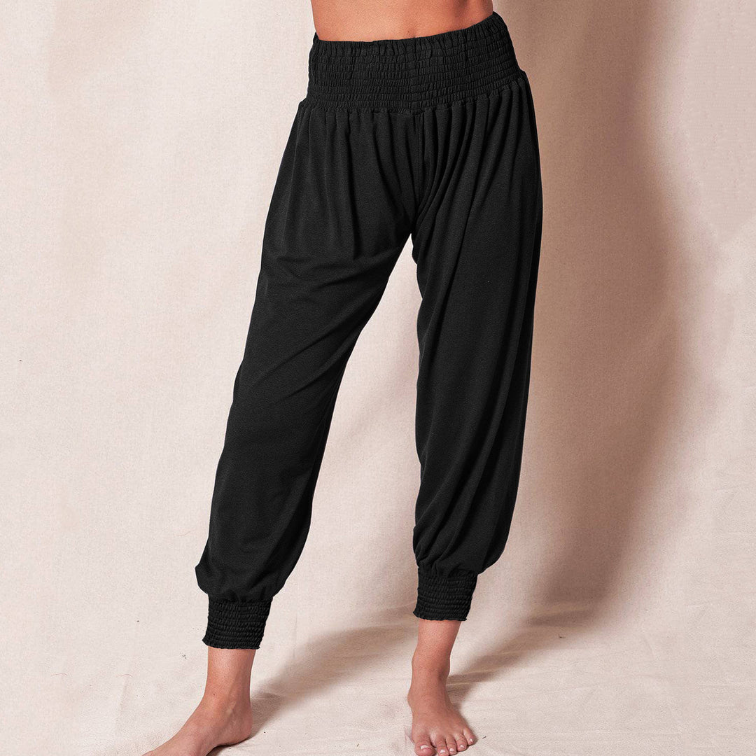 Women's Loose Harem Pants with High Smocked Waistband and Crumpled Ankle Cuffs Mune Fashion
