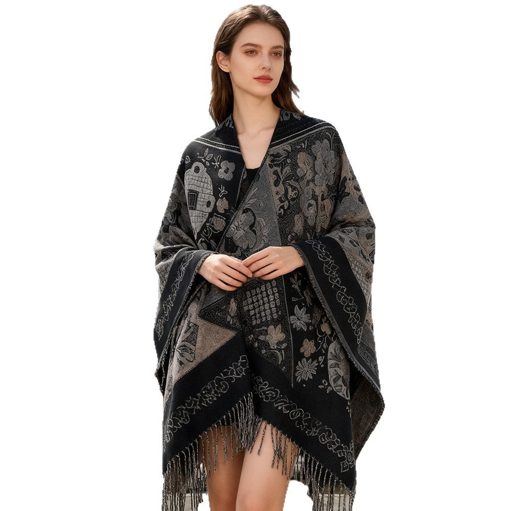 Women Jacquard Wool Blend Poncho with Patchwork Flower Pattern and Fringed Hem Mune Fashion