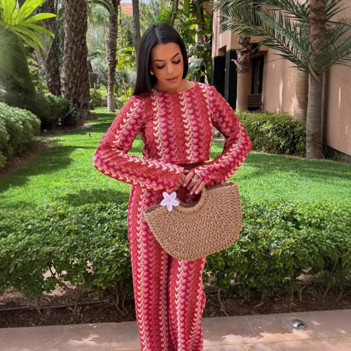 Women's Crocheted Two-Piece Lounge Set with Short Sweater and High-Waisted Palazzo Pants Mune Fashion