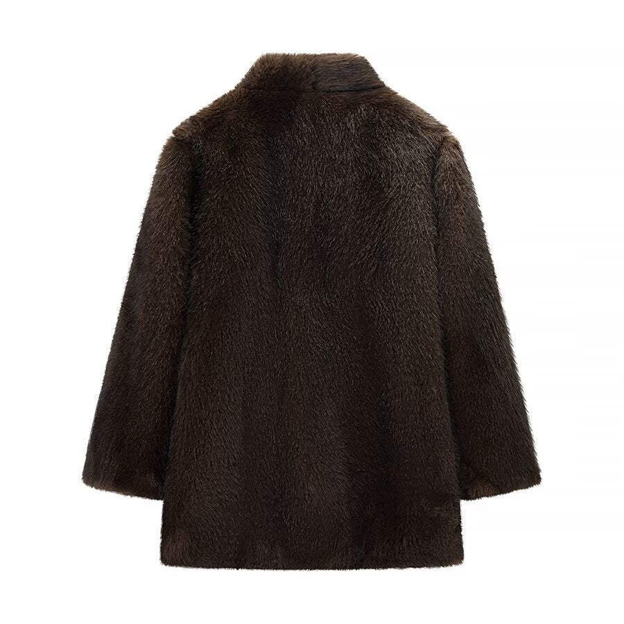 Women's Short Cut Faux Fur Coat with Shawl Collar and Straight Cut Mune Fashion