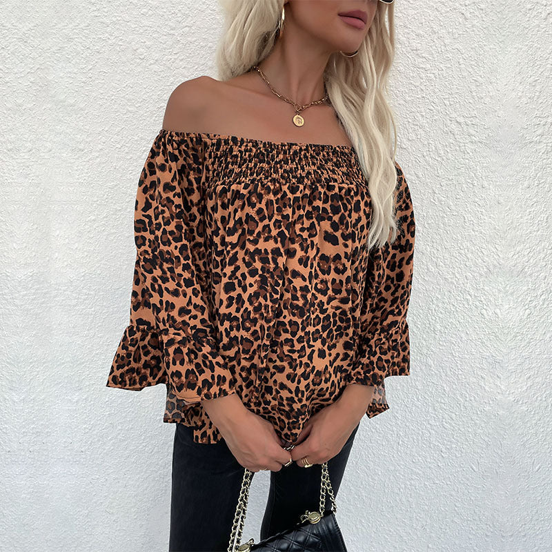Women's Carmen blouse with smocked cuffs, off-the-shoulder neckline, and leopard print Mune Fashion