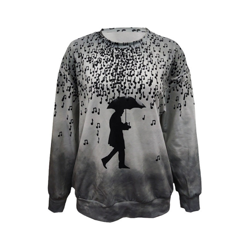 Women Long Sleeve Relaxed Sweatshirt with Music Rain Print and Silhouette Design Mune Fashion