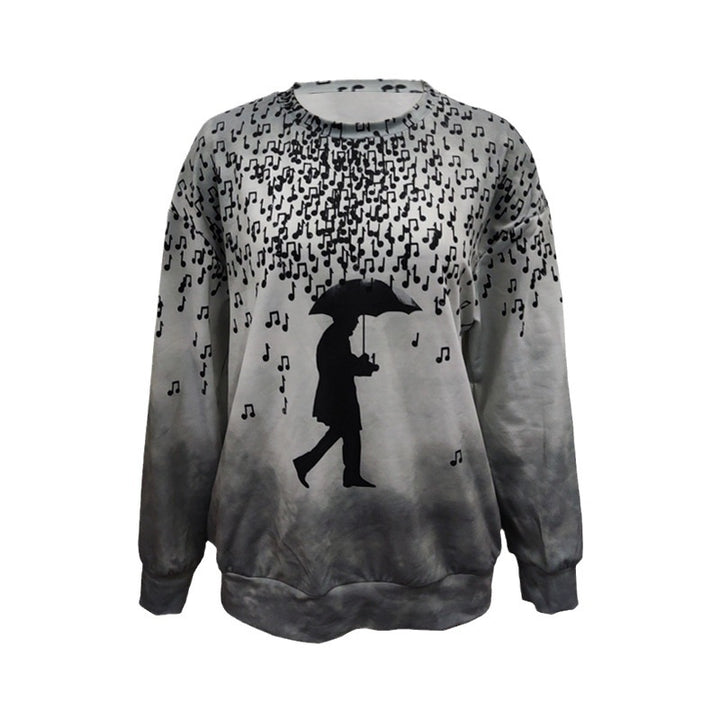 Women Long Sleeve Relaxed Sweatshirt with Music Rain Print and Silhouette Design Mune Fashion
