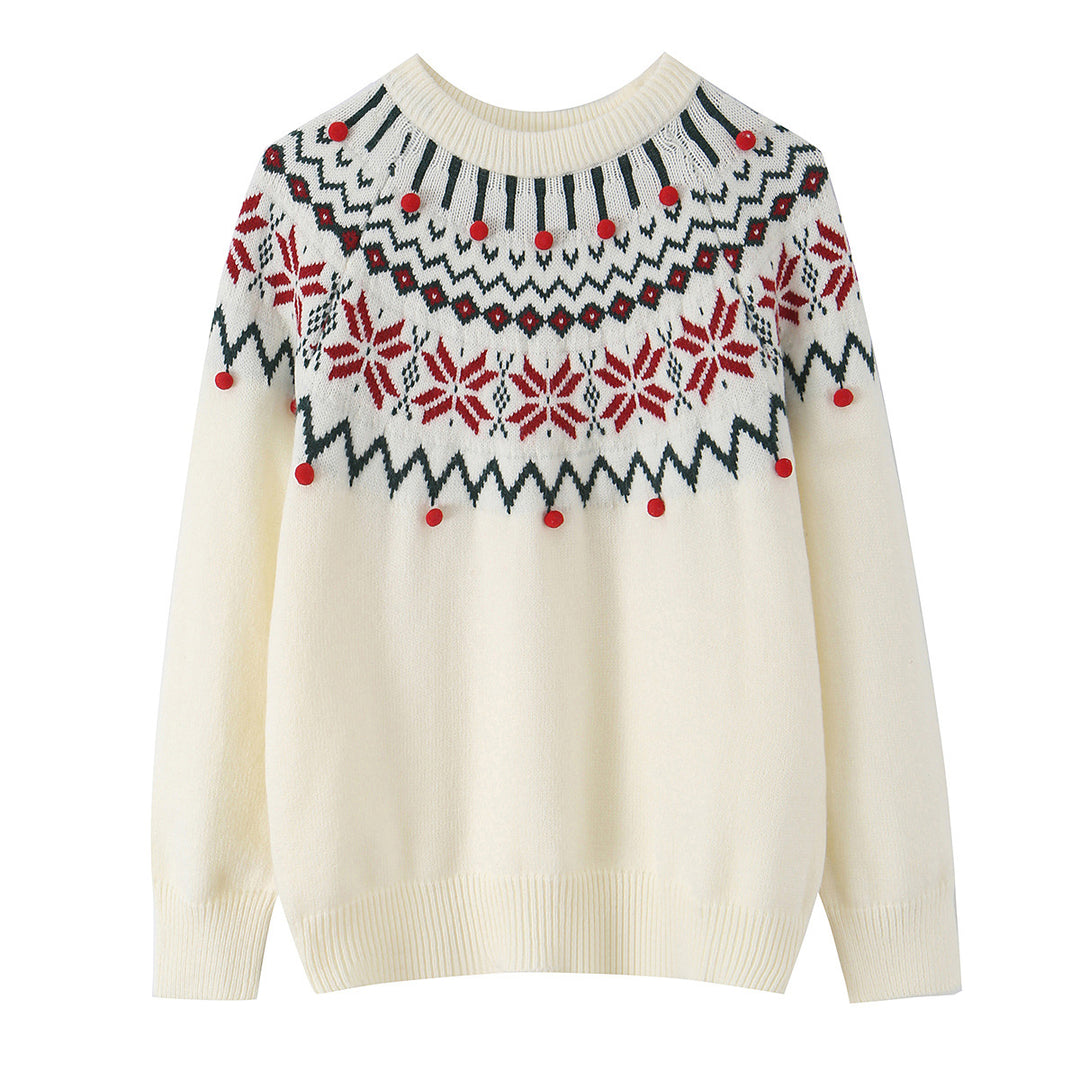 Ladies' Norwegian sweater with round neck, jacquard knitted pattern and decorative pom-pom appliqués Mune Fashion