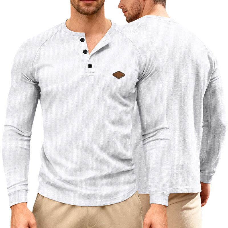 Men's Waffle Knit Henley Long Sleeve Shirt with Raglan Sleeves, Half Button Placket and Leather Label Mune Fashion