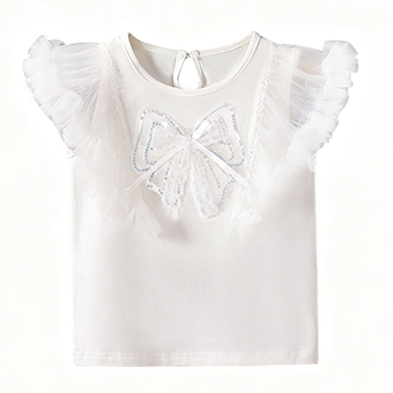 Girls T-shirt with elegant ruffle hems and bow motif Mune Fashion
