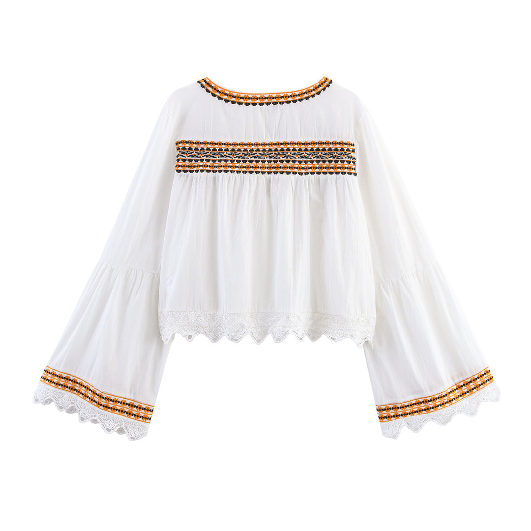 Women's Embroidered Boho Blouse with Wide Bell Sleeves and Lace Hem Mune Fashion