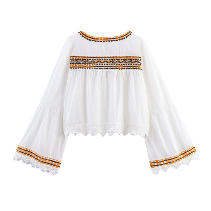 Women's Embroidered Boho Blouse with Wide Bell Sleeves and Lace Hem Mune Fashion