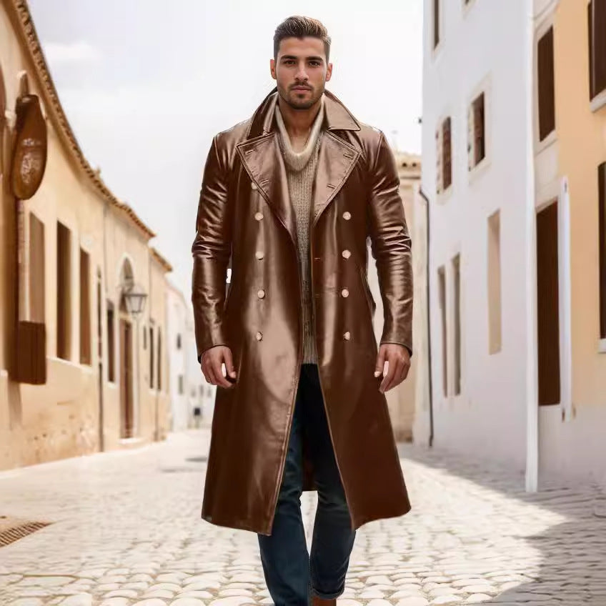 Men's Long Shiny Faux Leather Trench Coat with Double Breasted and Distinctive Lapel Mune Fashion