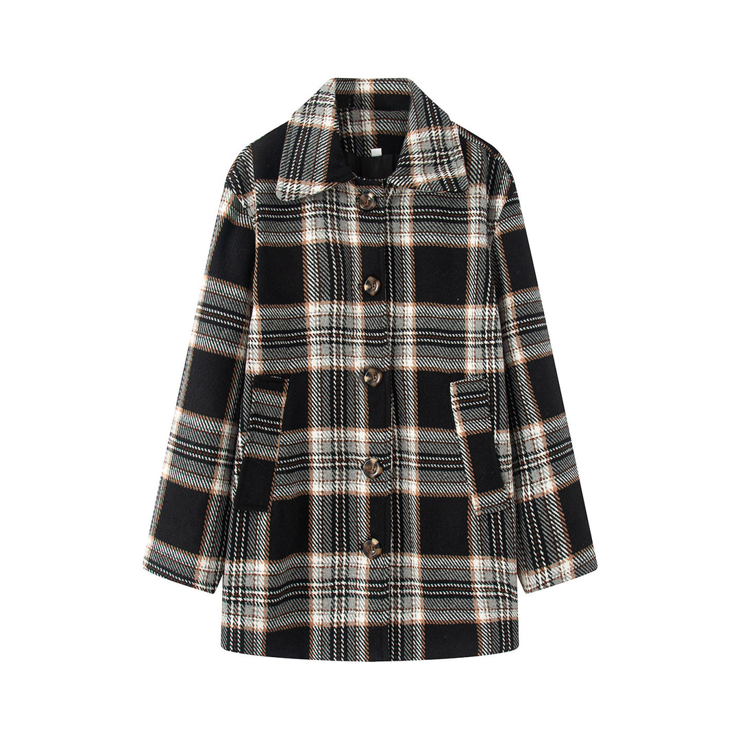 Women's checked wool blend coat with shirt collar, hidden button placket and patch pockets Mune Fashion