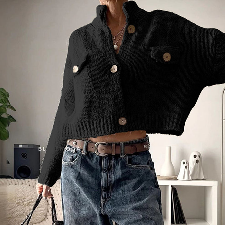 Women's cozy cardigan with wooden buttons and breast flap Mune Fashion