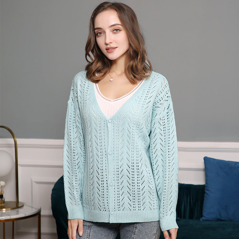 Women's Lightweight Lace Knit Cardigan with Deep V-Neck and Button Placket Mune Fashion
