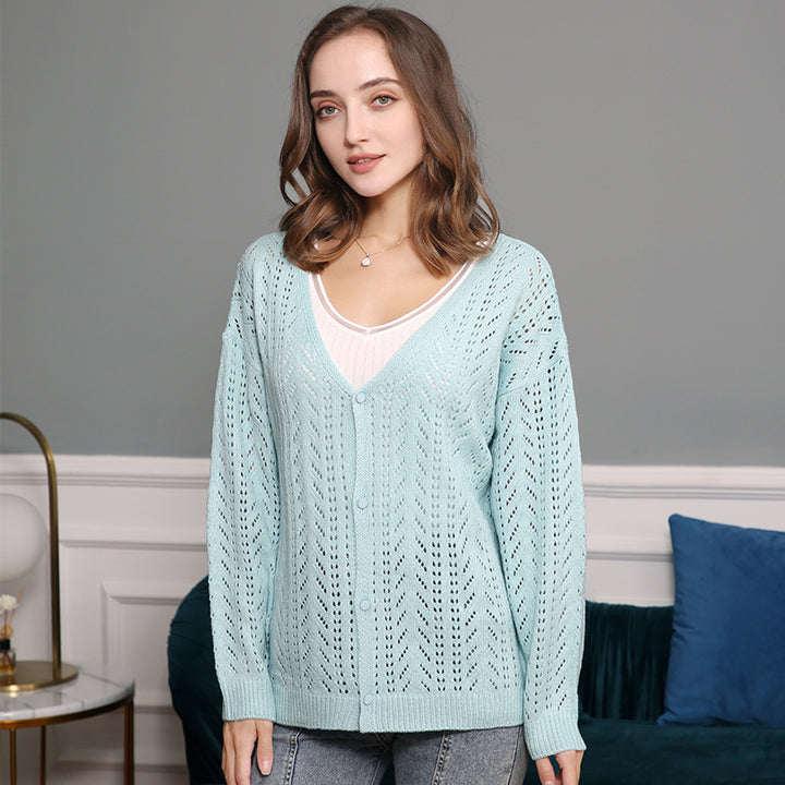 Women's Lightweight Lace Knit Cardigan with Deep V-Neck and Button Placket Mune Fashion