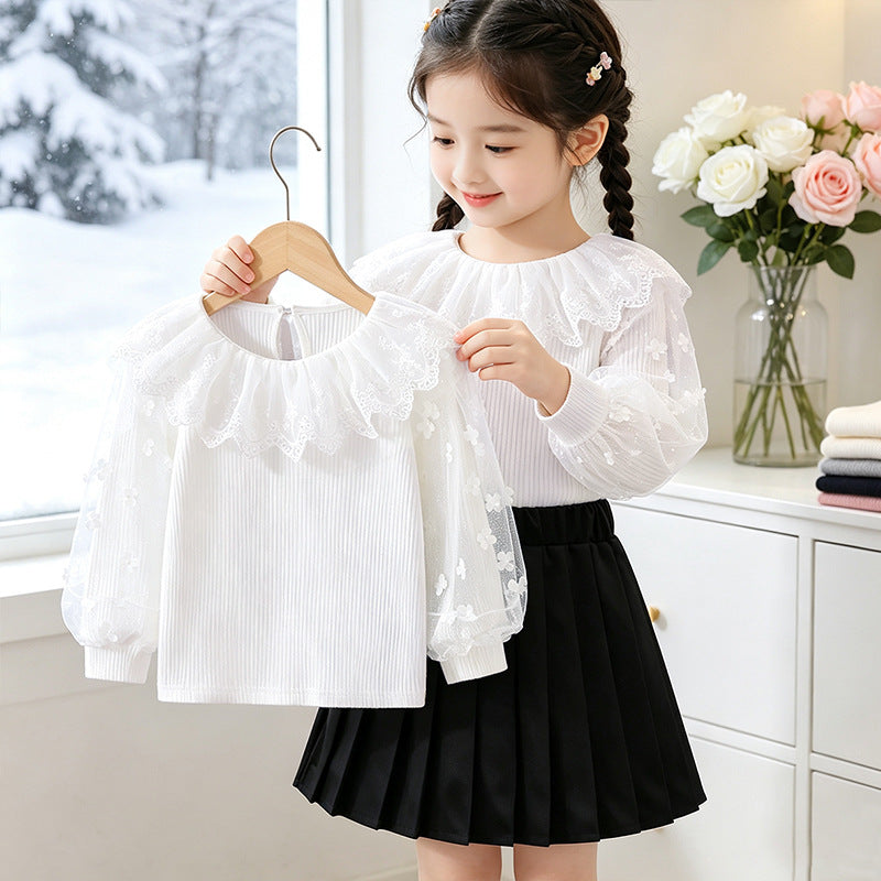 Girl's blouse with floral lace sleeves and ruffle trim Mune Fashion