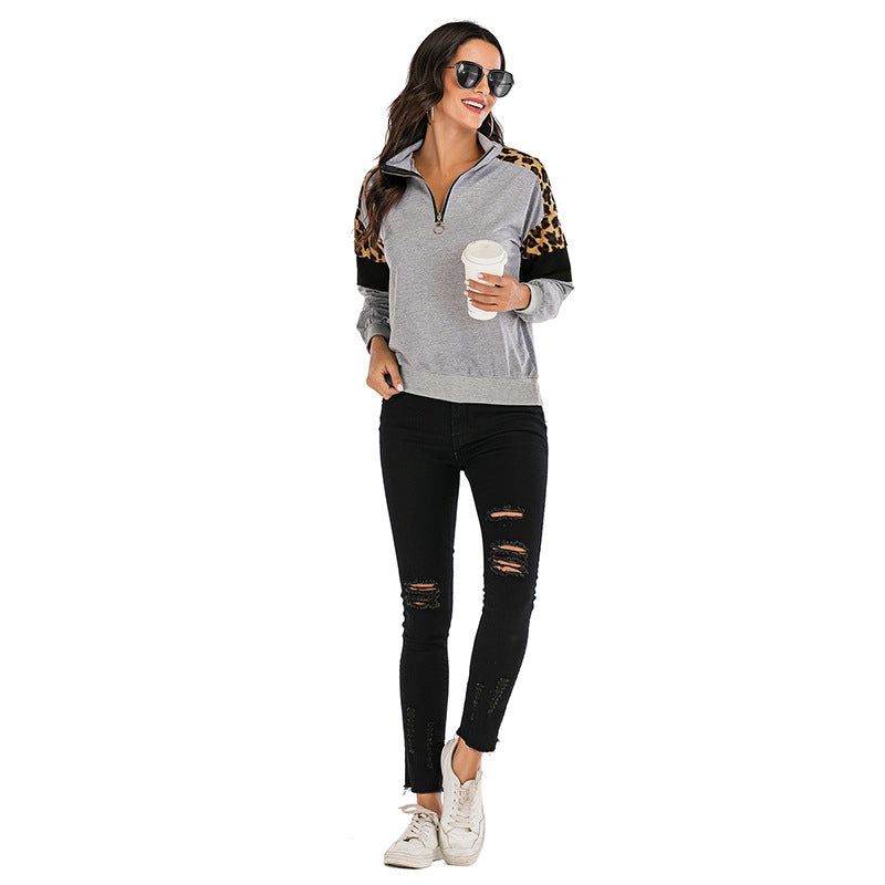 Women's sweatshirt with stand-up collar, half zipper & leopard detail Mune Fashion