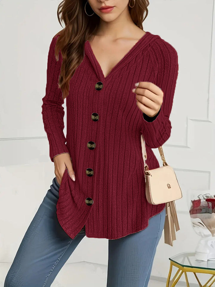 Women's concealing ribbed knit cardigan with V-neck and decorative buttons Mune Fashion