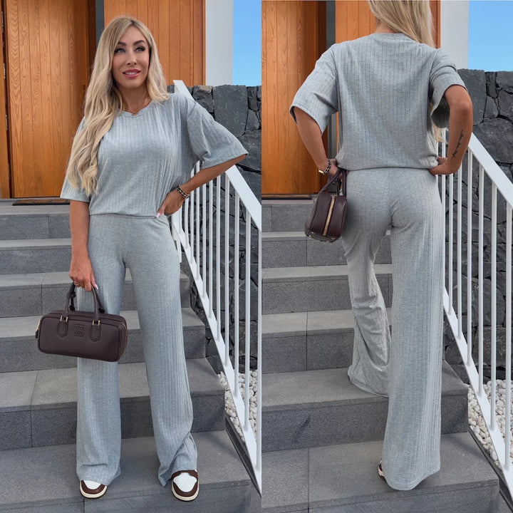 Women Fine Ribbed Two-Piece with Relaxed Crewneck and Flared Palazzo Pants Mune Fashion