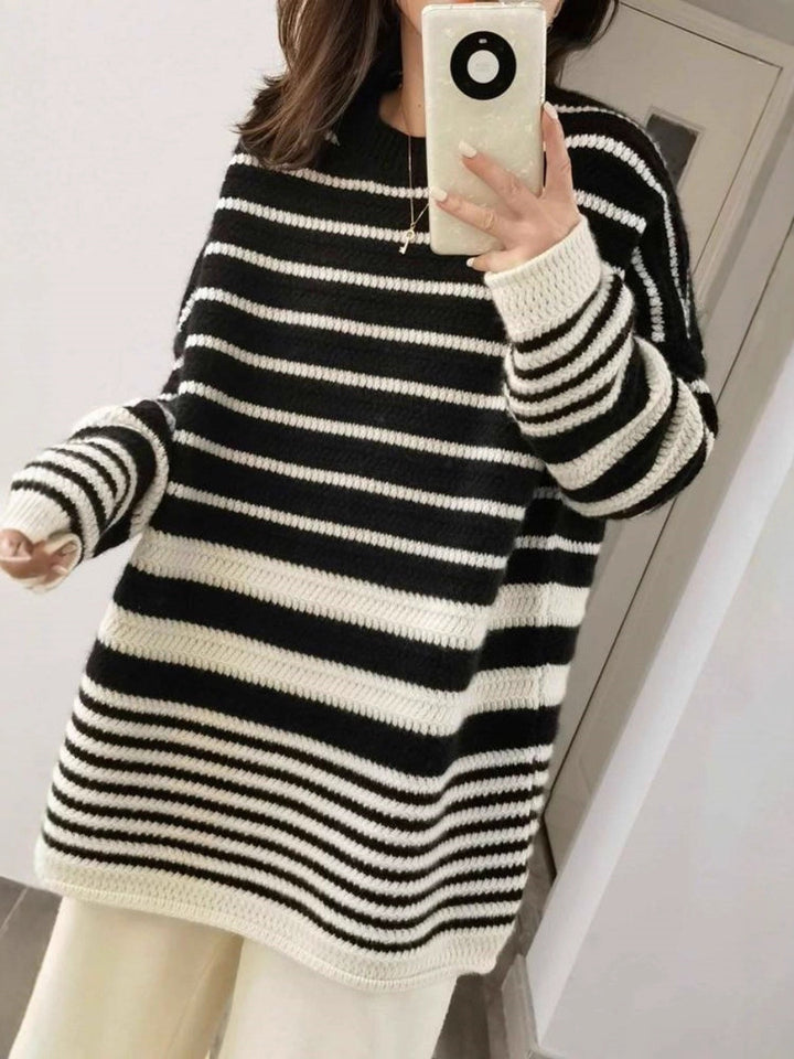 Women's oversized long pullover made of粗stripes knit with round neckline Mune Fashion