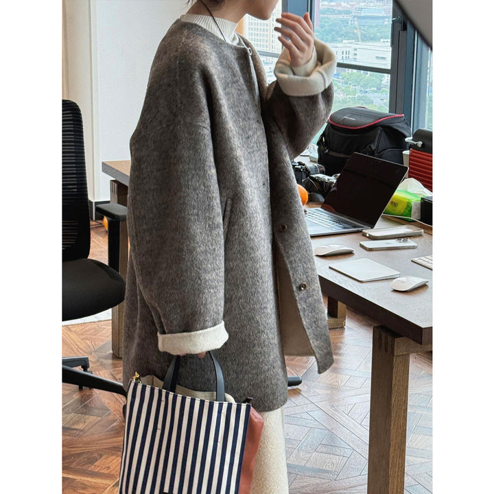 Women's Oversized Wool Blend Coat with Button Placket and Foldable Teddy Cuffs Mune Fashion