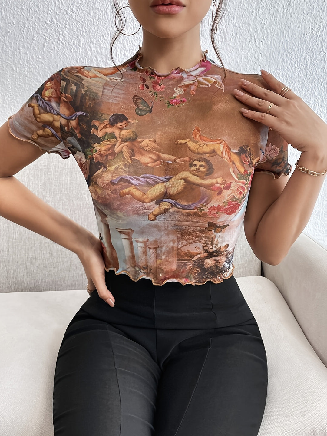 Women nan figure-hugging transparent mesh top with baroque angel print, stand collar and ruffled hem Mune Fashion