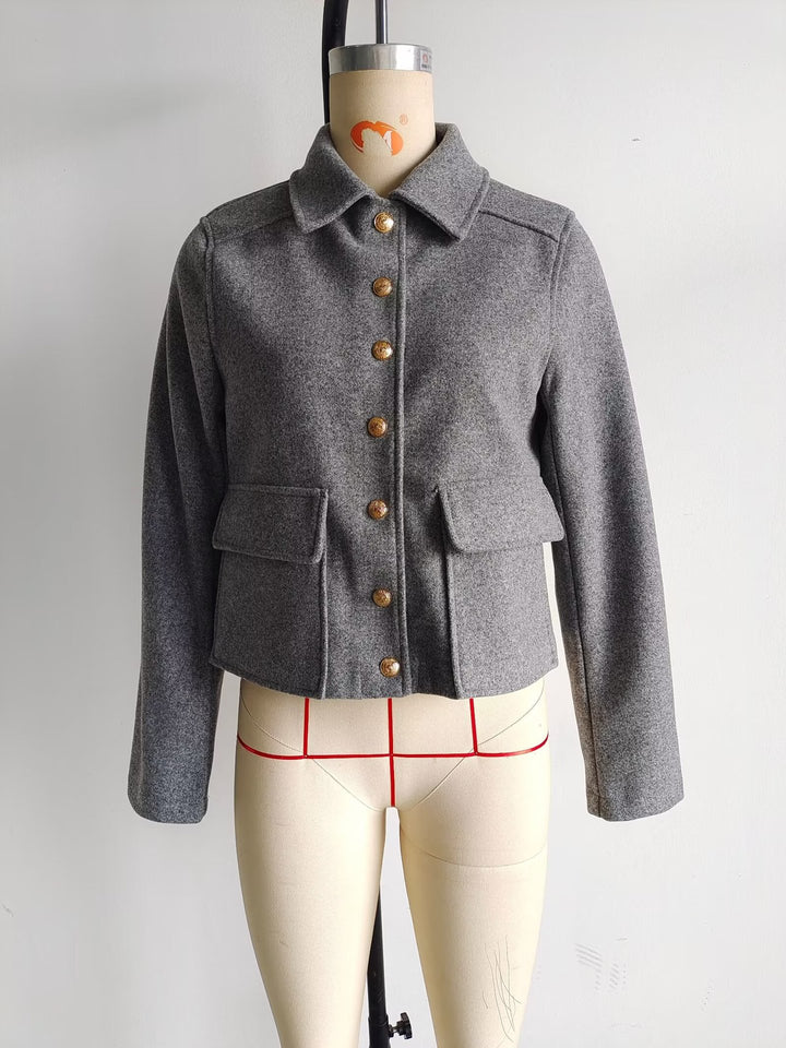 Women's short wool jacket with gold button front, patch flap pockets, and tailored silhouette Mune Fashion