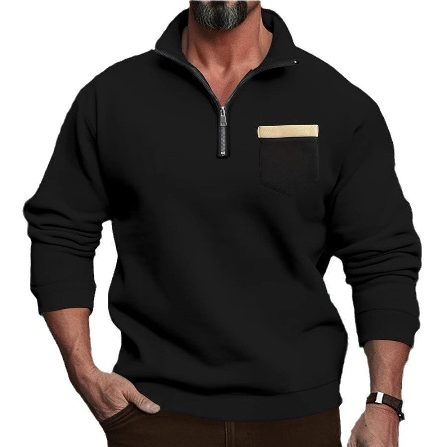 Men's finely structured half-zip fine knit pullover with stand-up collar, chest pocket, and slim silhouette Mune Fashion